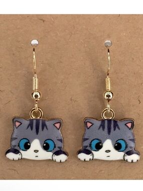 18k Gold Plated Hook Cat Dangle Earrings